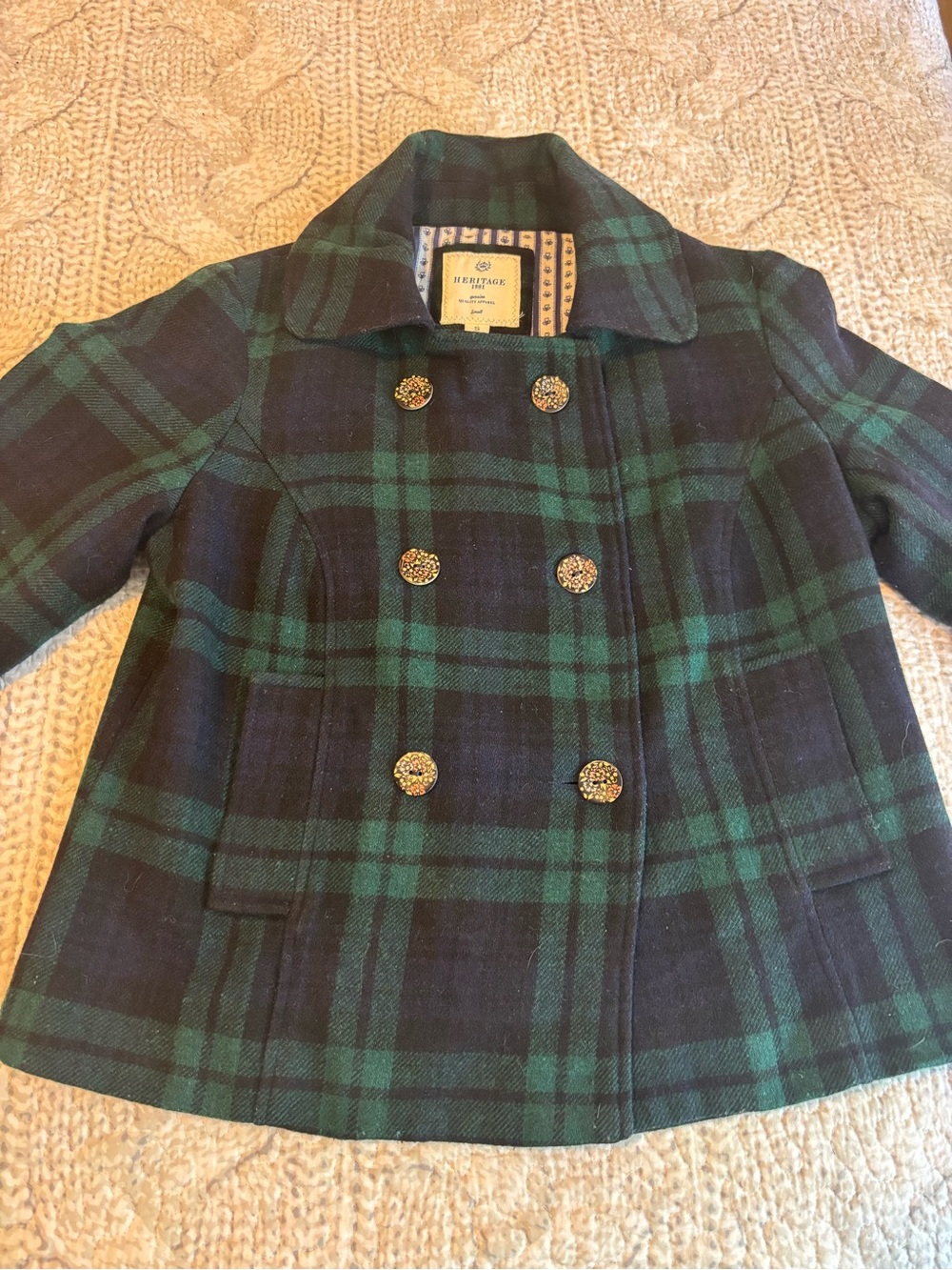 Vintage Heritage Navy and Green Plaid Double-Breasted Pea Coat